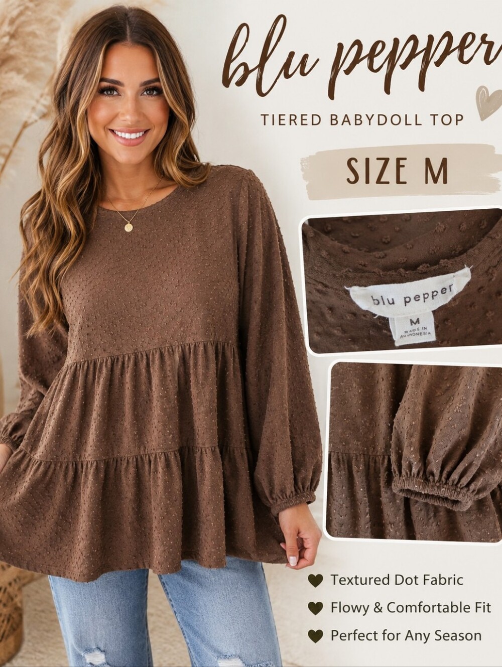Blu Pepper Chocolate Brown Textured Peplum Tunic